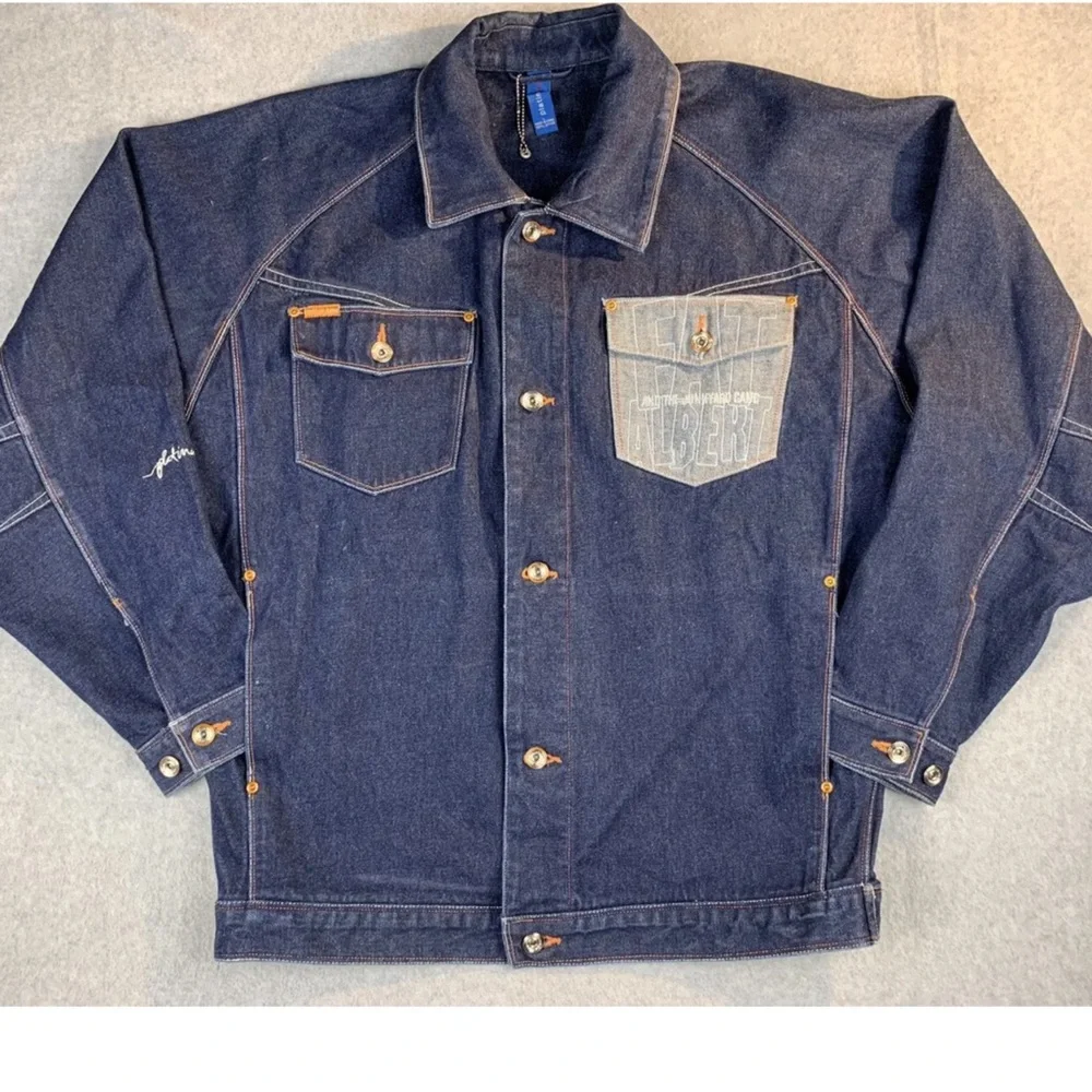 Vtg Platinum FUBU Fat Albert Junkyard Gang Dark Blue Denim Jacket Mens XL - Picture 2 of 5